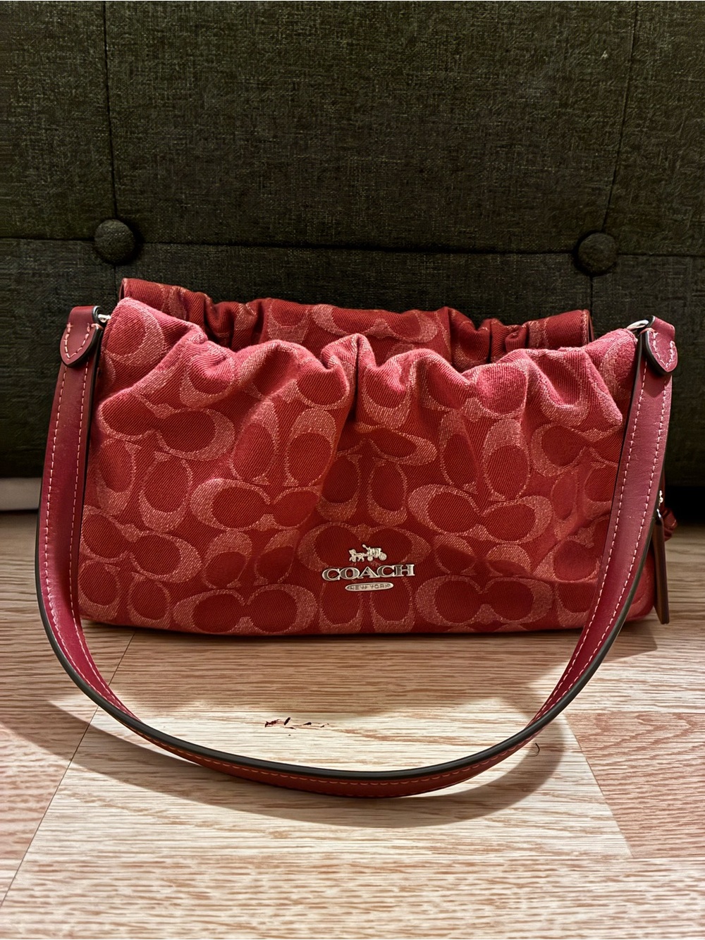 Coach Red Signature Ruched Shoulder Bag with Silver Hardware